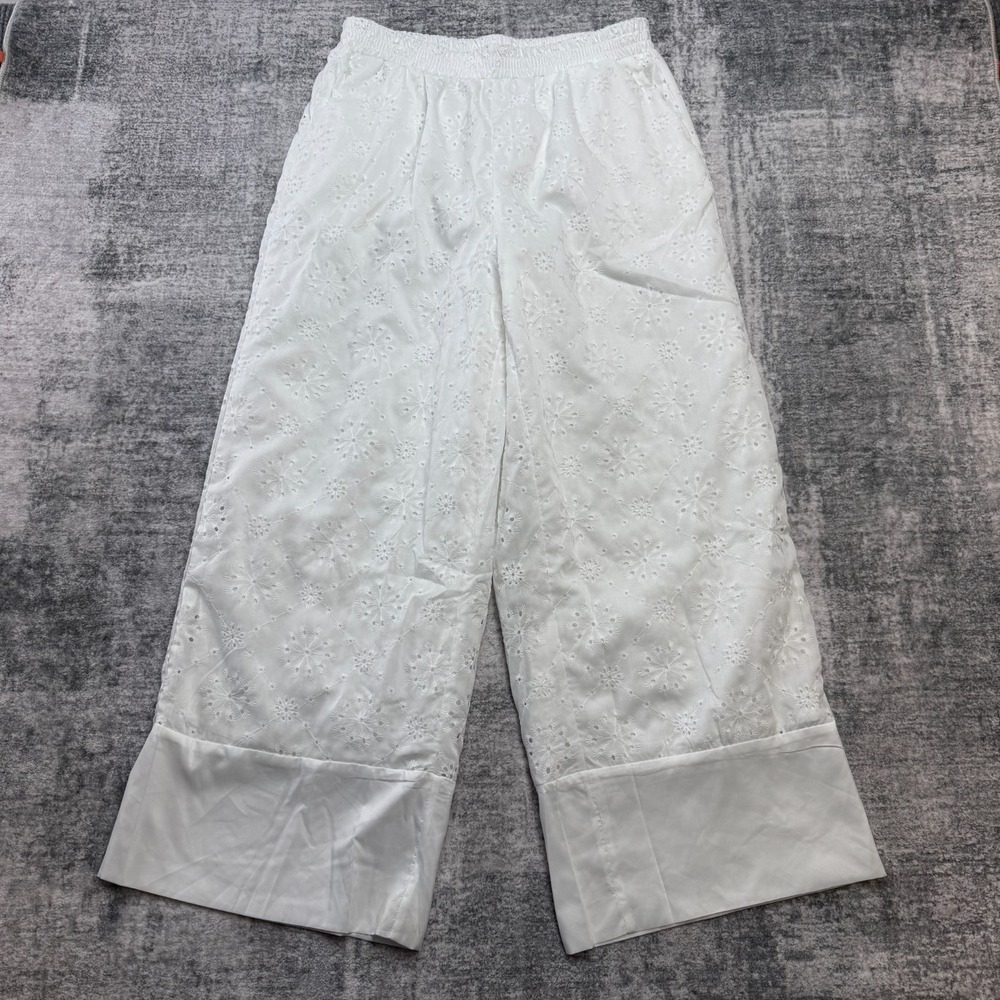 Womens White Wide Leg Pants Fits 30x27 Eyelet Pull On Harem Beach Resort Summer